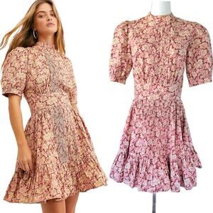 by TiMo x Free People Josephine Puff Sleeve Dress Floral Boho Prairie Red Pink